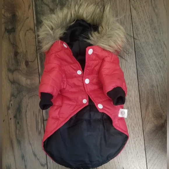 Ski Bunny Puffer Dog Coat Red With Fur Trimmed Hood Small - Picture 7 of 10